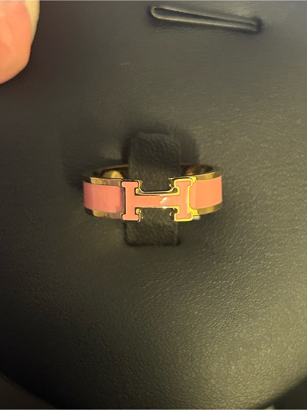 Designer-Style Gold Tone Pink Enamel H Ring